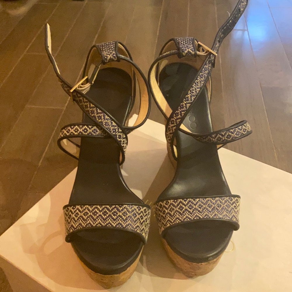 Jimmy Choo Navy and Natural Cork Wedge Sandals
